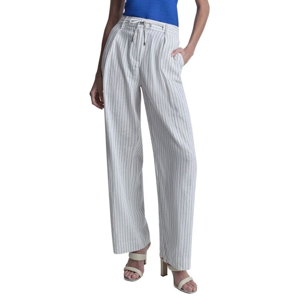 Dkny Womens  Stripe Pleated Wide Leg Linen-Blend Pant, White